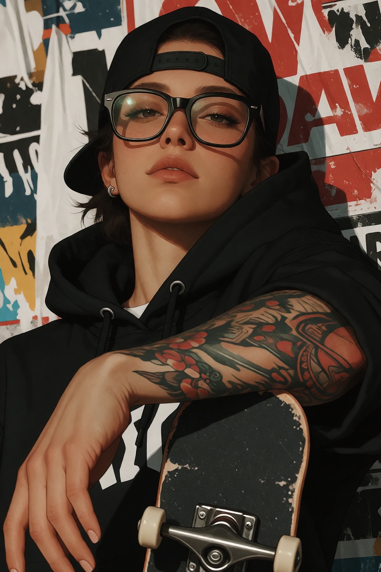 A young woman leaning against a wall covered with layered posters,  wearing a black hoodie,  large rectangular glasses on...
