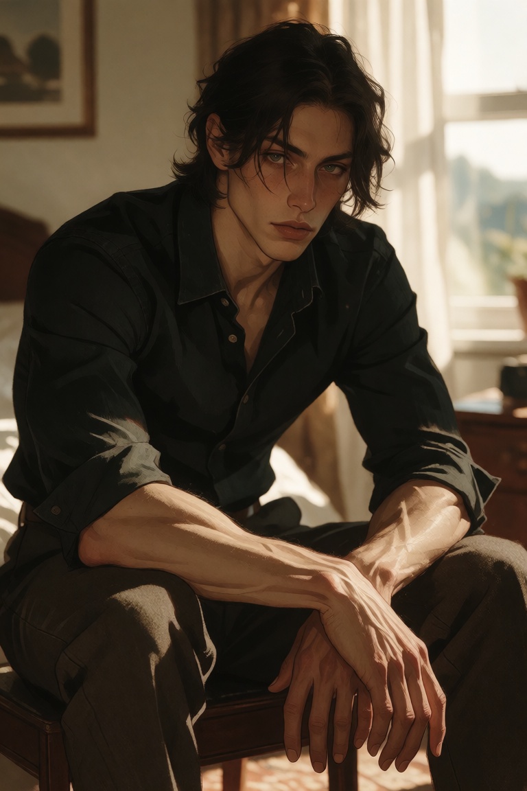 A lean young man with medium-length dark hair sits with his arms resting on his knees in a sunlit room. He wears a dark fi...