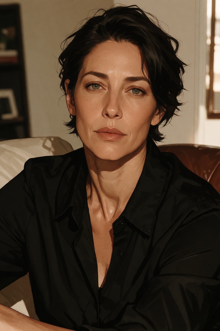 Portrait of a woman with short dark hair,  wearing a black shirt and seated indoors,  but rendered with extremely clear fa...