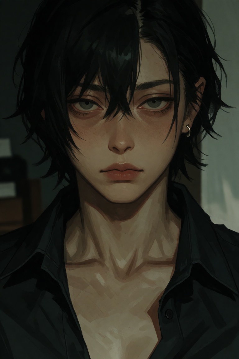 Close portrait of a woman with short black hair and tired eyes,  wearing a dark open-collar shirt and a small earring. She...
