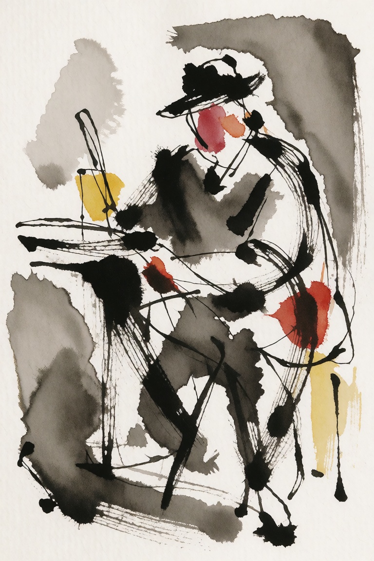 ink-and-wash illustration,  expressive black brush lines,  diluted gray washes on Tensor.Art
