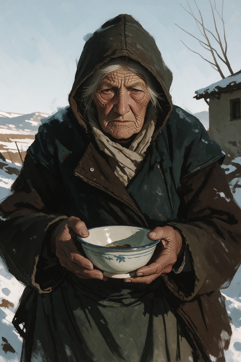 Create an image of an elderly hooded woman holding a bowl with both hands in a cold outdoor setting. Her face is deeply li...