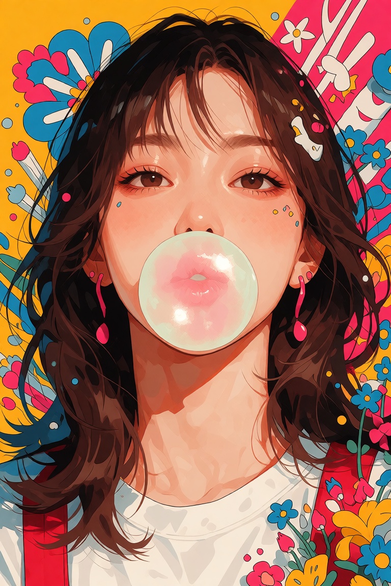 A bright,  graphic image of a young woman blowing bubble gum,  surrounded by bold color blocking and dense decorative visu...