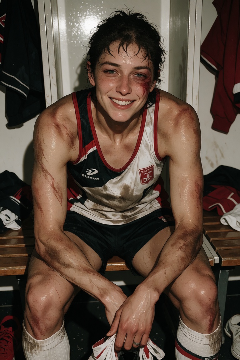 Show a battered female athlete sitting in a locker room after a match. She has short dark hair,  visible bruising around o...