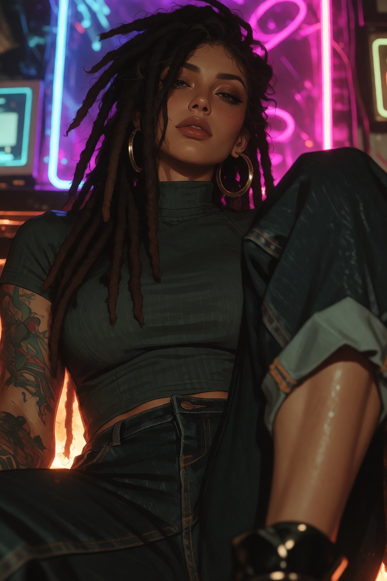 A woman with long dark dreadlocks sits in a relaxed but dominant pose,  one knee raised toward the foreground. She wears a...