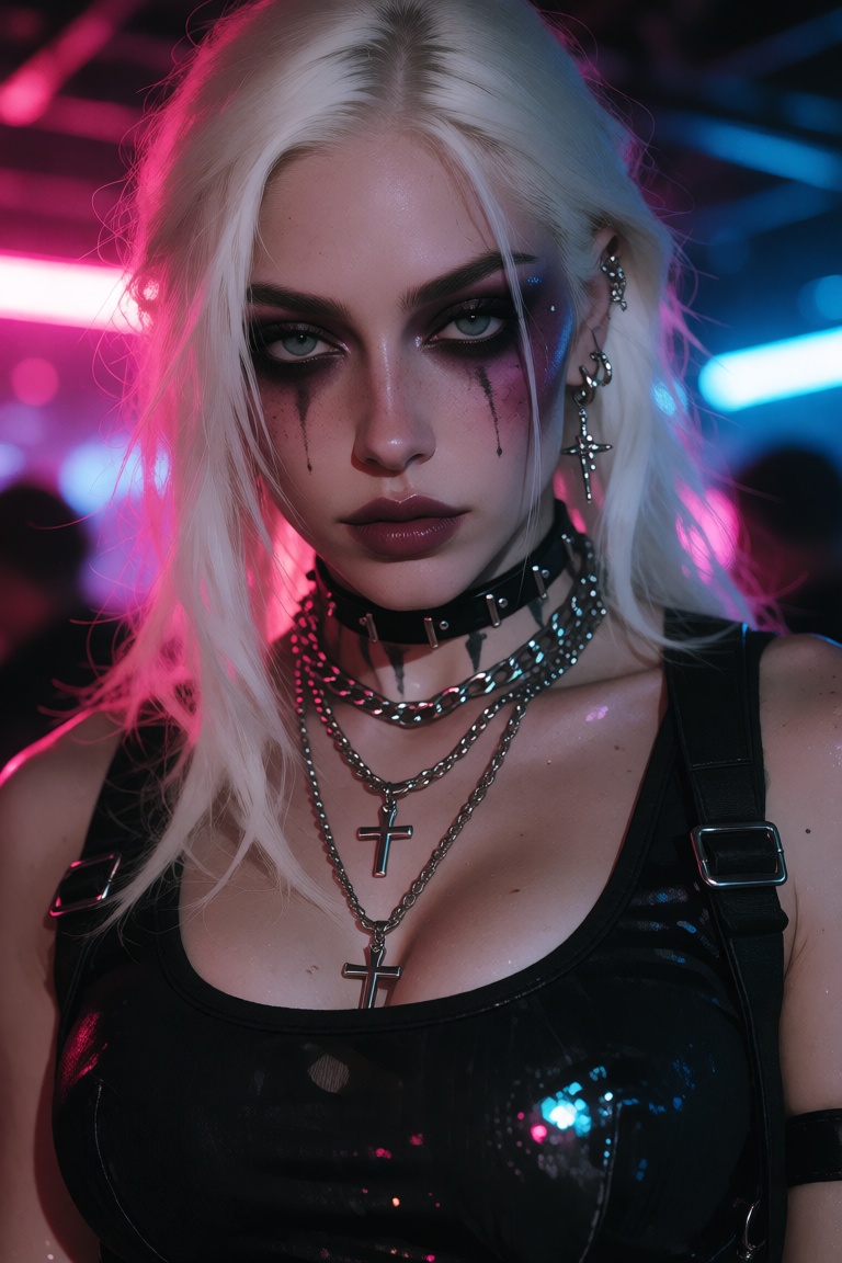 A woman with platinum hair and dark eye makeup appears under pink and blue club lighting,  wearing layered jewelry and a f...