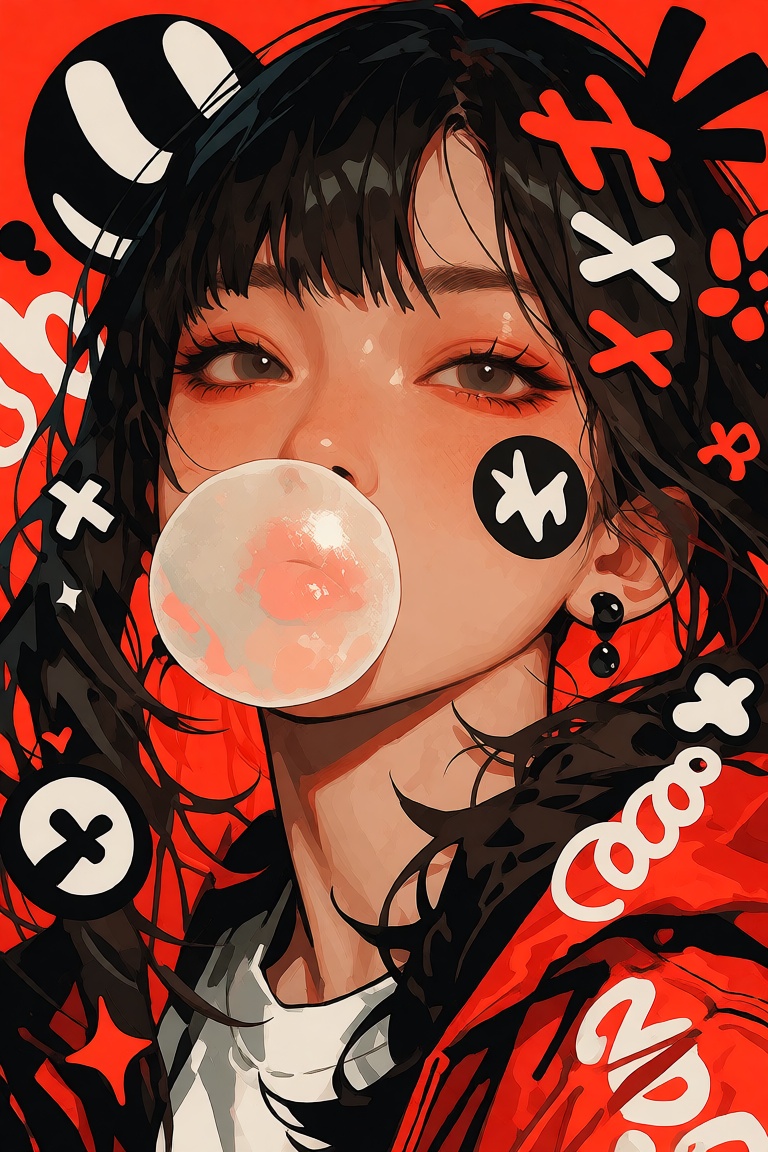 Young woman blowing bubble gum,  surrounded by bold decorative shapes,  high contrast accents on Tensor.Art