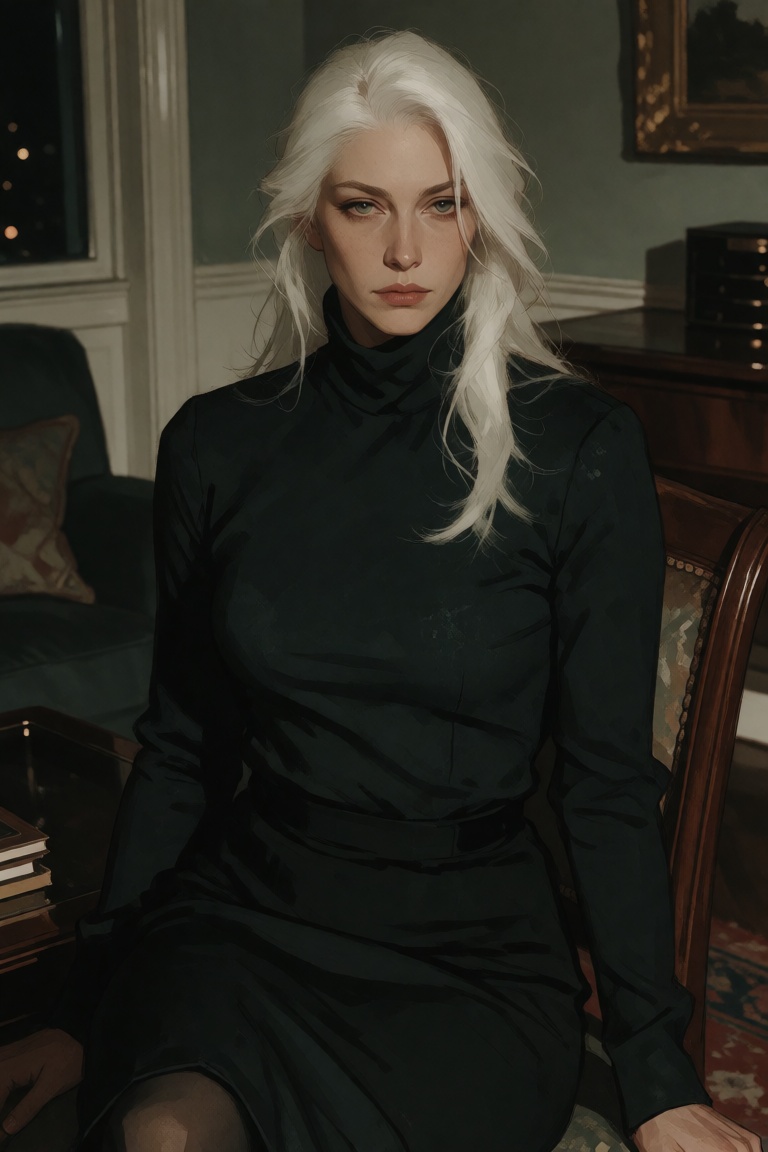 White-haired woman in a fitted dark outfit seated indoors,  with a calm,  unreadable expression. The room contains furnitu...