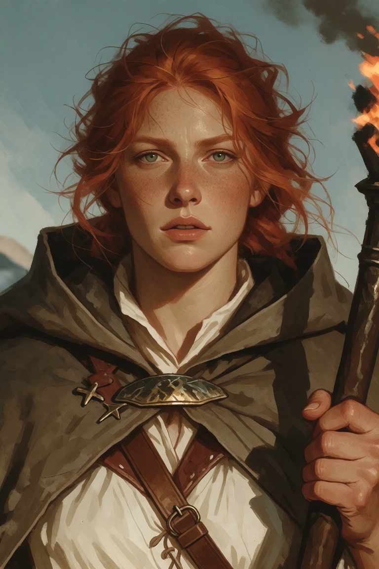 Portrait of a red-haired woman wearing a travel cloak fastened at the shoulder. Her face is lightly weathered,  her expres...