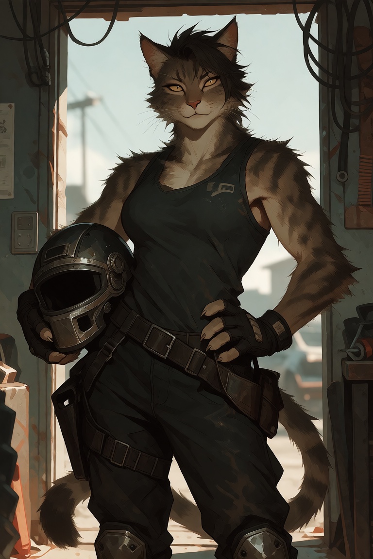 An anthropomorphic feline woman in dark sleeveless clothing stands in a workshop or garage doorway,  holding a helmet at h...