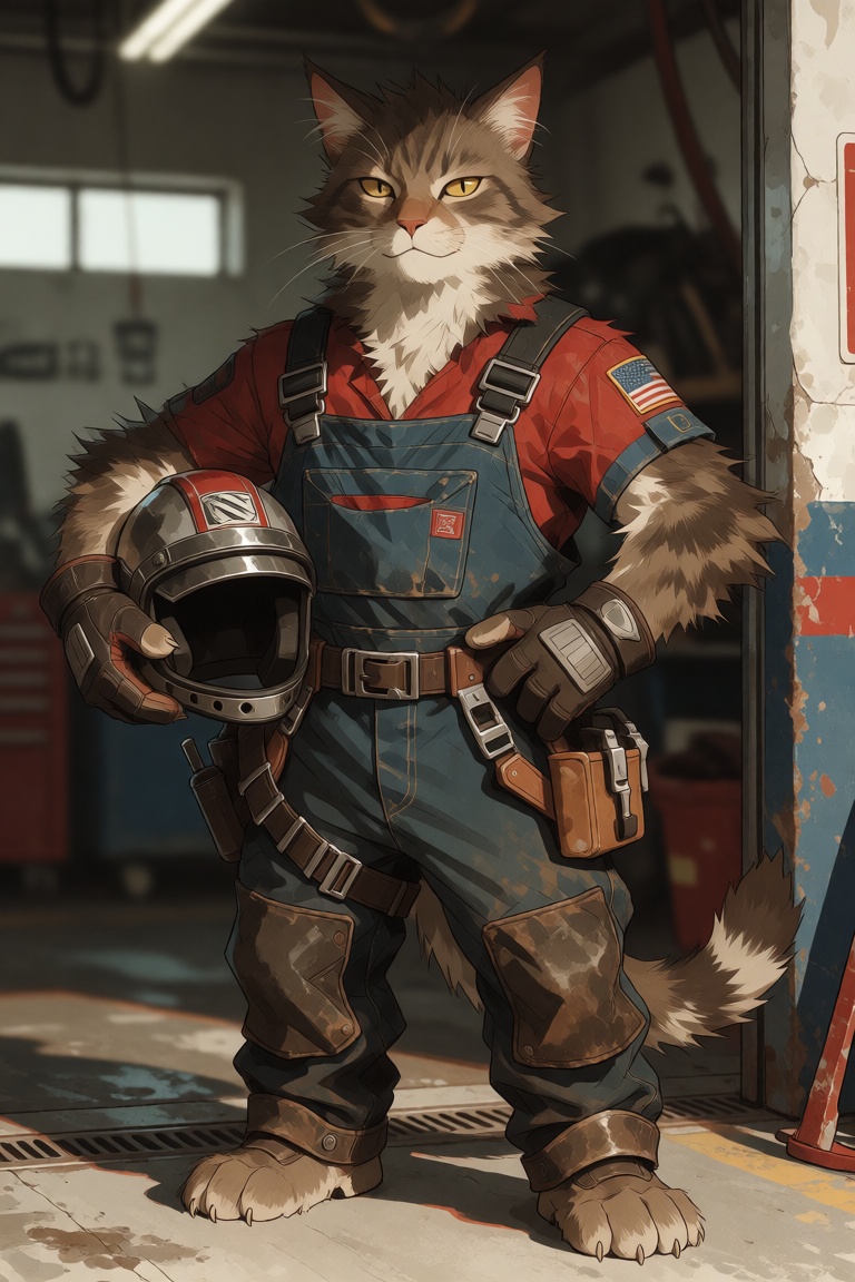 An anthropomorphic feline mechanic stands in a garage doorway holding a helmet. Distinguish clearly between fur,  leather,...