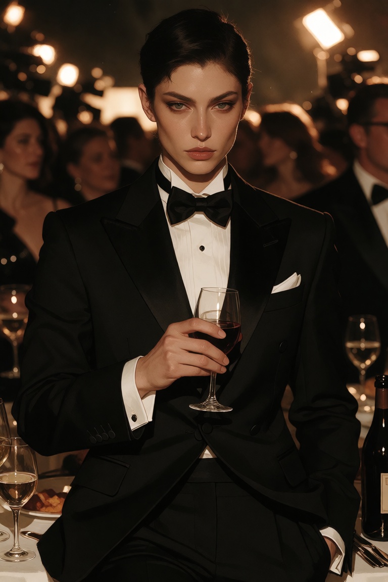 An androgynous person with short dark hair and sharp features is dressed in a black tuxedo at a formal event. They sit or...