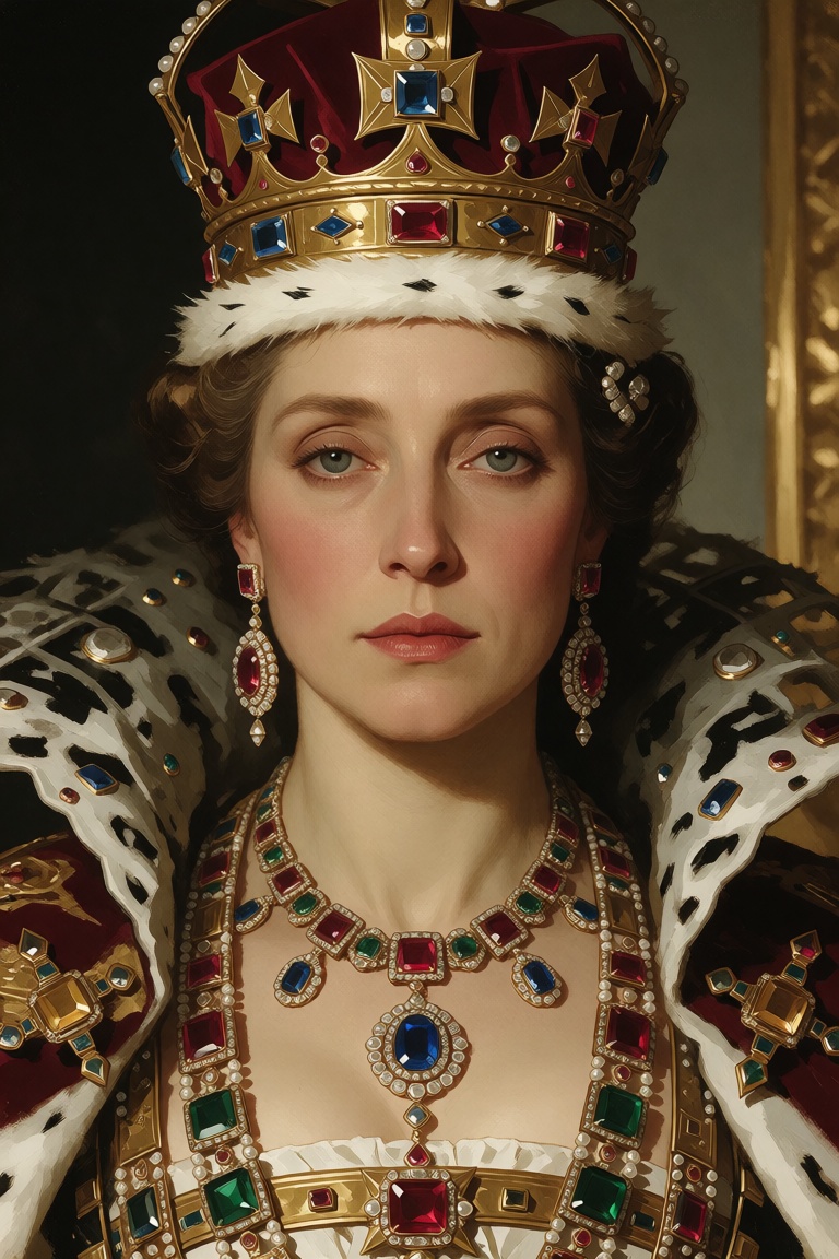 Frontal portrait of a queenly woman in a crown,  layered gemstone jewelry,  and heavily structured ceremonial clothing. Th...