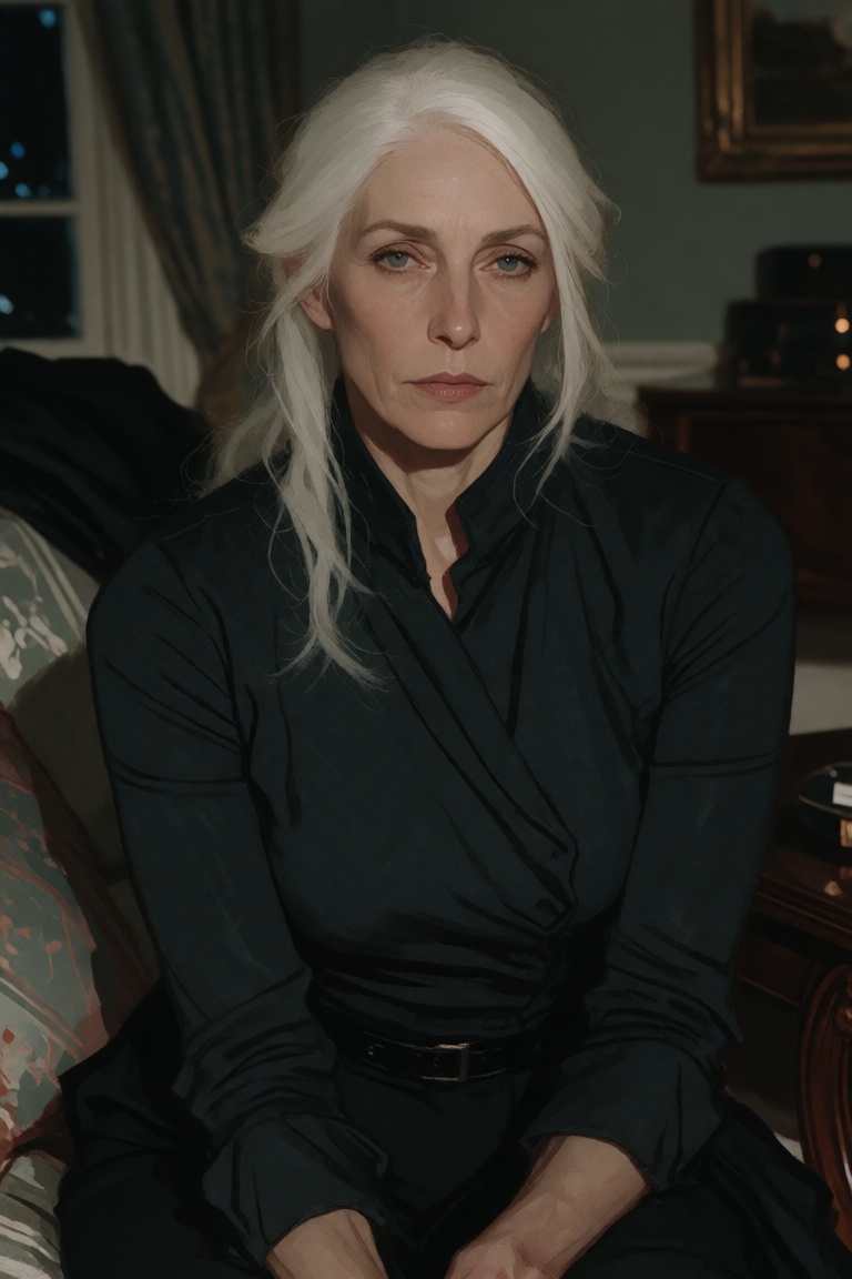 White-haired woman in a fitted dark outfit seated indoors,  with a calm,  unreadable expression. The room contains furnitu...