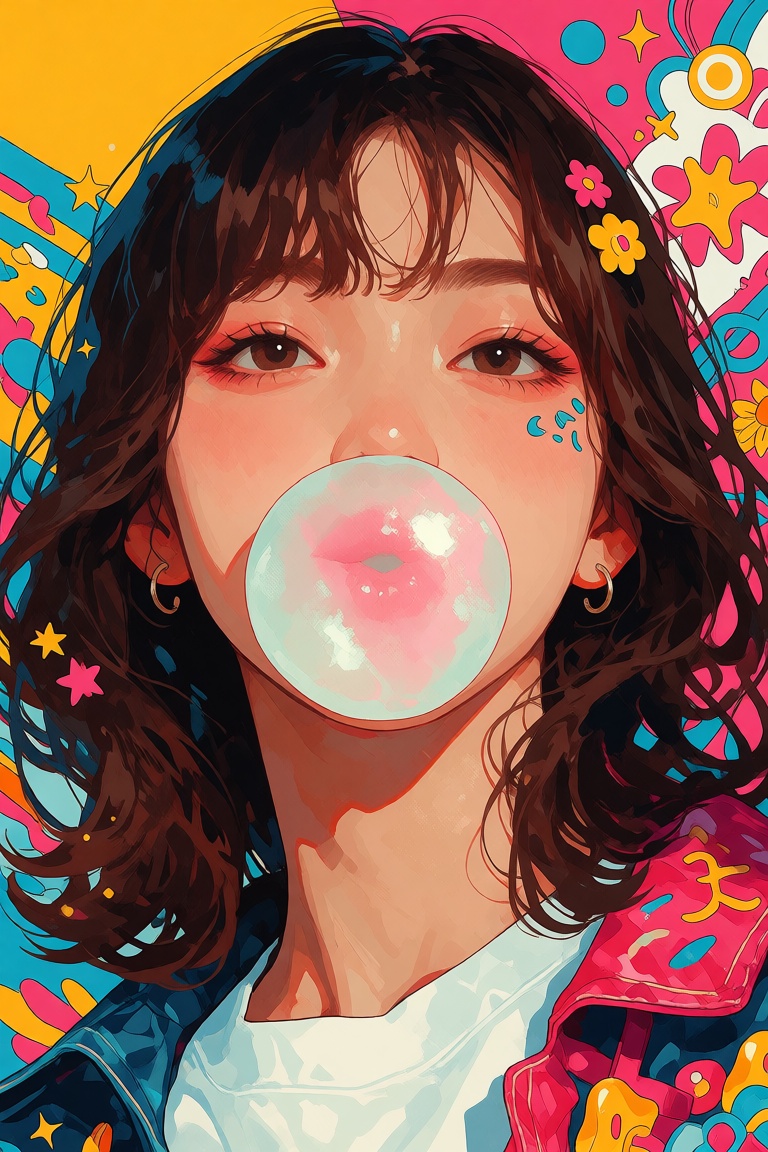 A bright,  graphic image of a young woman blowing bubble gum,  surrounded by bold color blocking and dense decorative visu...