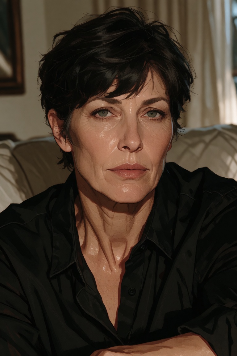 Portrait of a woman with short dark hair,  wearing a black shirt and seated indoors,  but rendered with extremely clear fa...