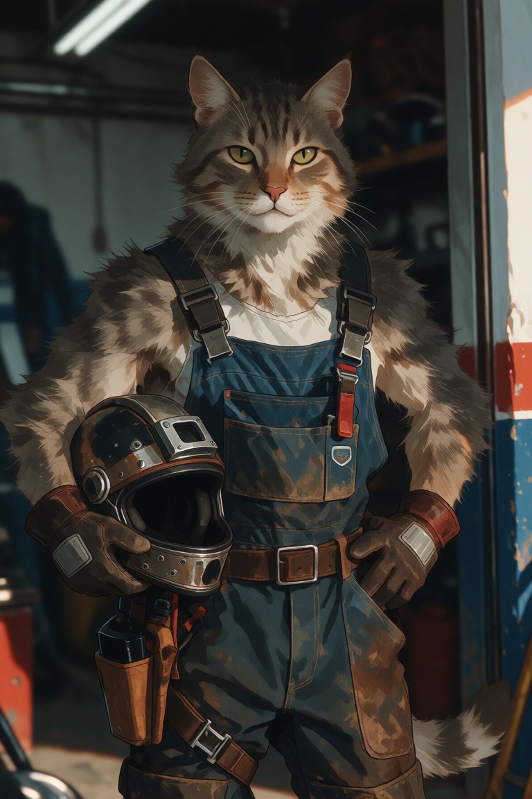 An anthropomorphic feline mechanic stands in a garage doorway holding a helmet. Distinguish clearly between fur,  leather,...
