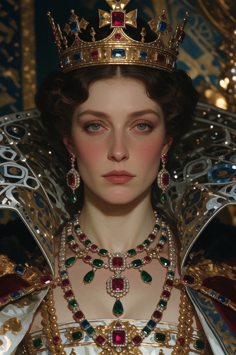 Frontal portrait of a queenly woman in a crown,  layered gemstone jewelry,  and heavily structured ceremonial clothing. Th...