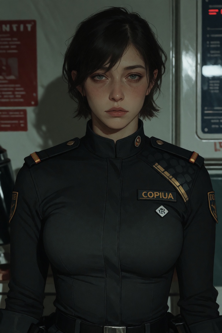 Create a chest-up portrait of a woman in a fitted dark uniform,  standing in a functional interior. She has a calm but tir...