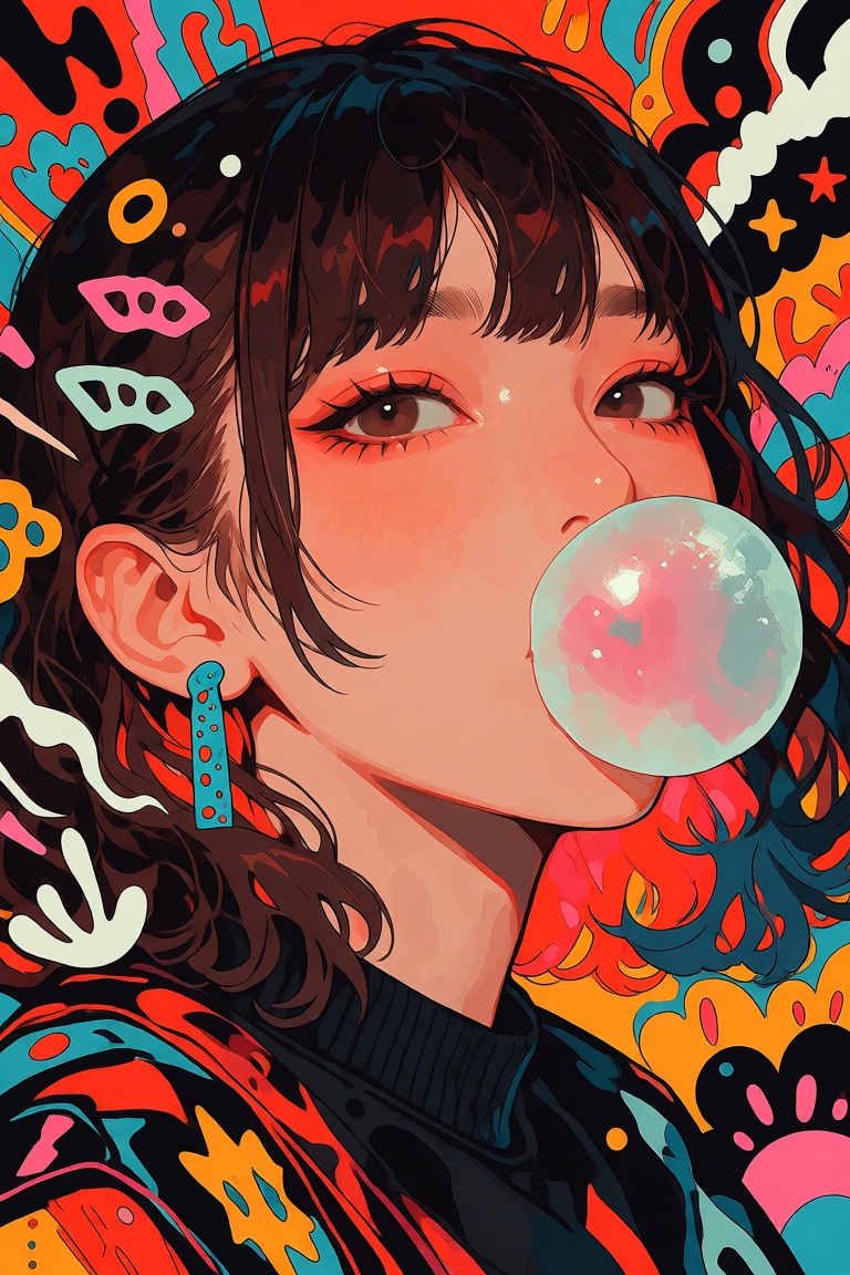 Young woman blowing bubble gum,  surrounded by bold decorative shapes,  high contrast accents on Tensor.Art
