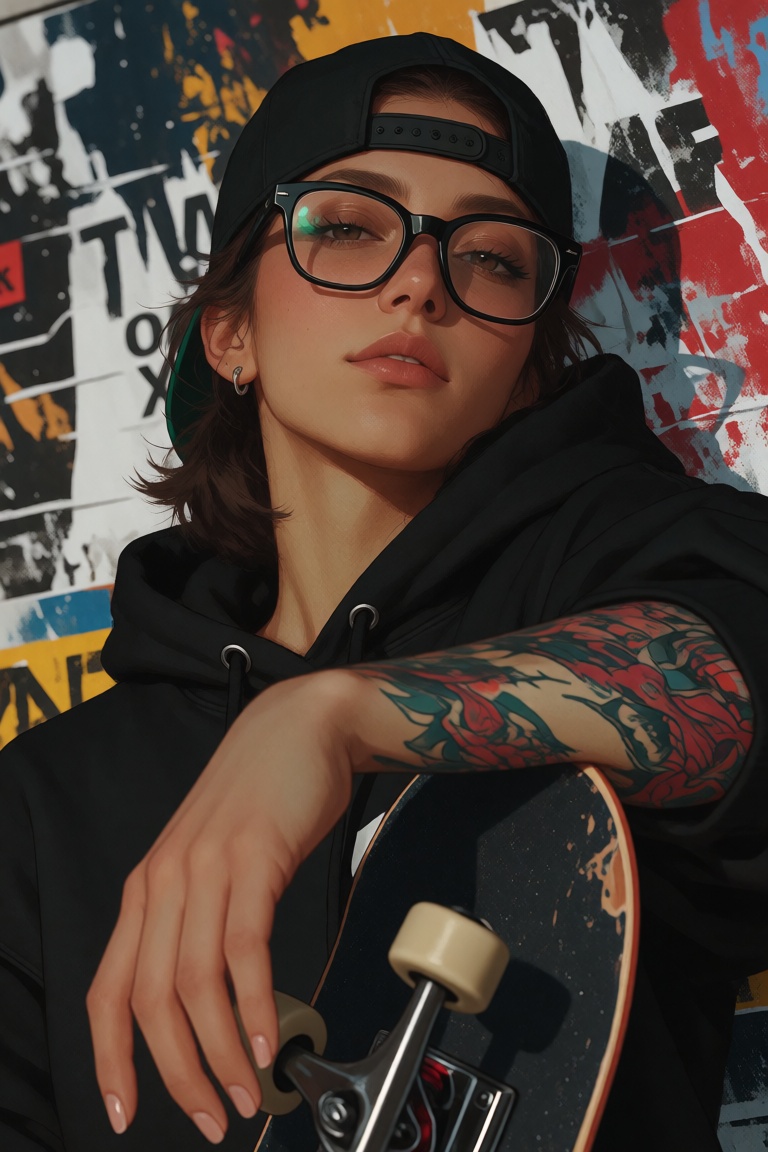 A young woman leaning against a wall covered with layered posters,  wearing a black hoodie,  large rectangular glasses on...
