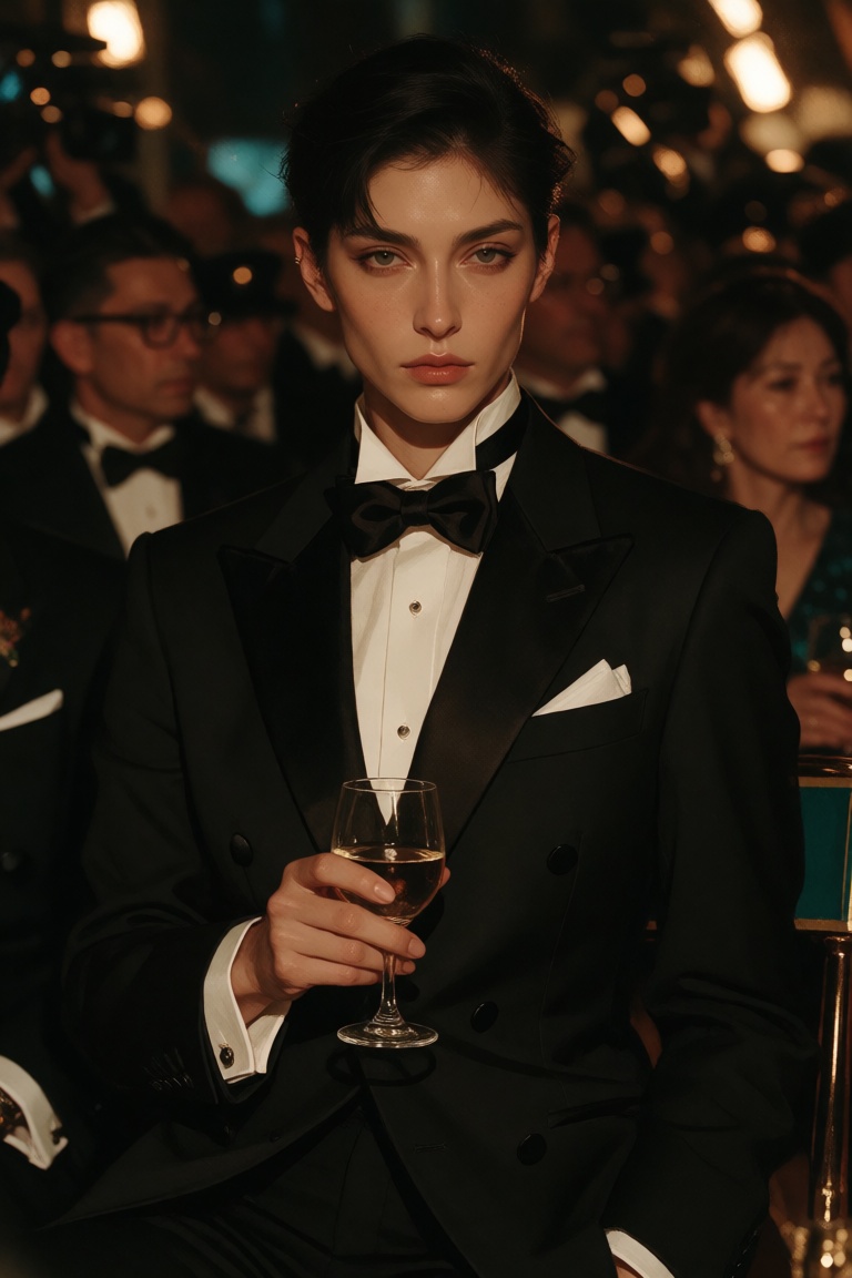 An androgynous person with short dark hair and sharp features is dressed in a black tuxedo at a formal event. They sit or...