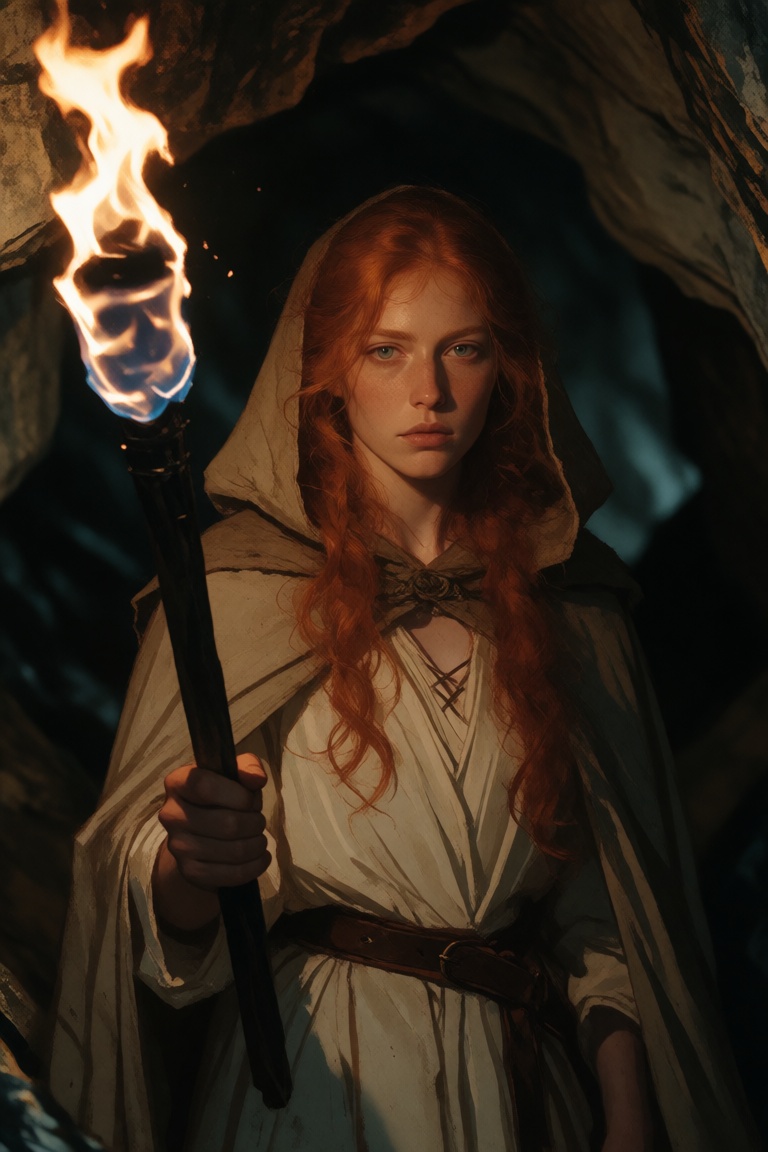 A red-haired woman holding a torch stands in a cave passage wearing a pale hooded cloak. The fire casts warm light across...