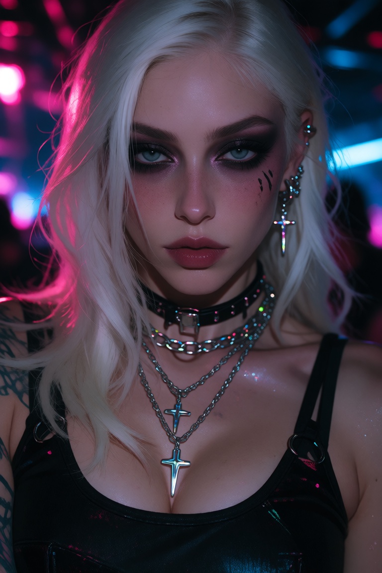A woman with platinum hair and dark eye makeup appears under pink and blue club lighting,  wearing layered jewelry and a f...