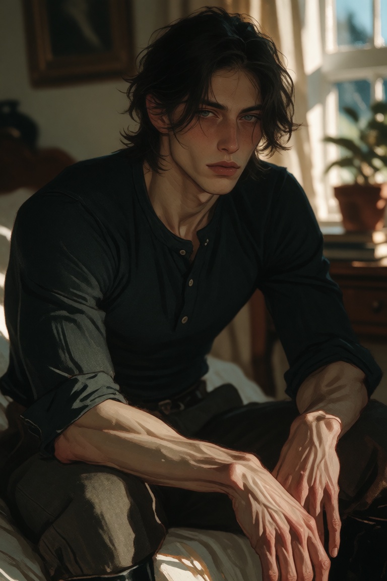 A lean young man with medium-length dark hair sits with his arms resting on his knees in a sunlit room. He wears a dark fi...
