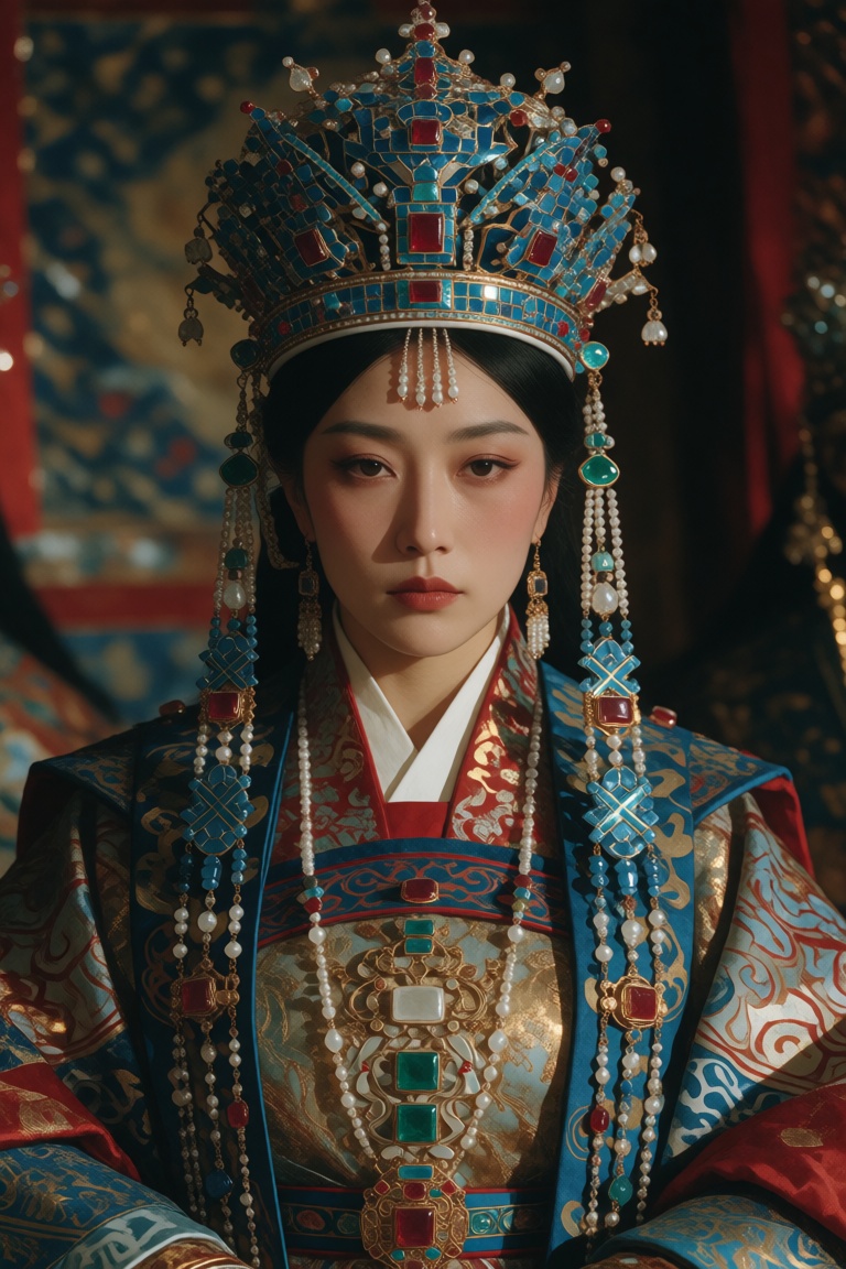 An ancient queen-like figure in richly decorated ceremonial dress and a jeweled crown,  shown frontally with symmetrical f...