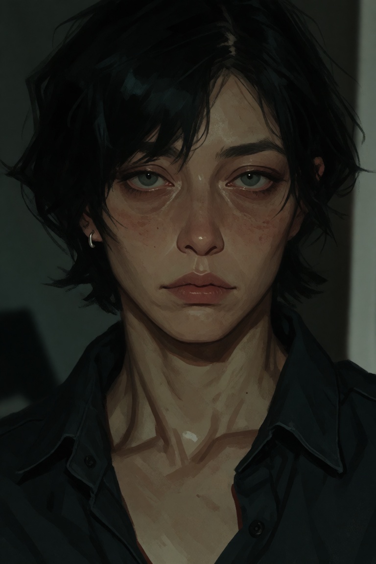 Close portrait of a woman with short black hair and tired eyes,  wearing a dark open-collar shirt and a small earring. She...