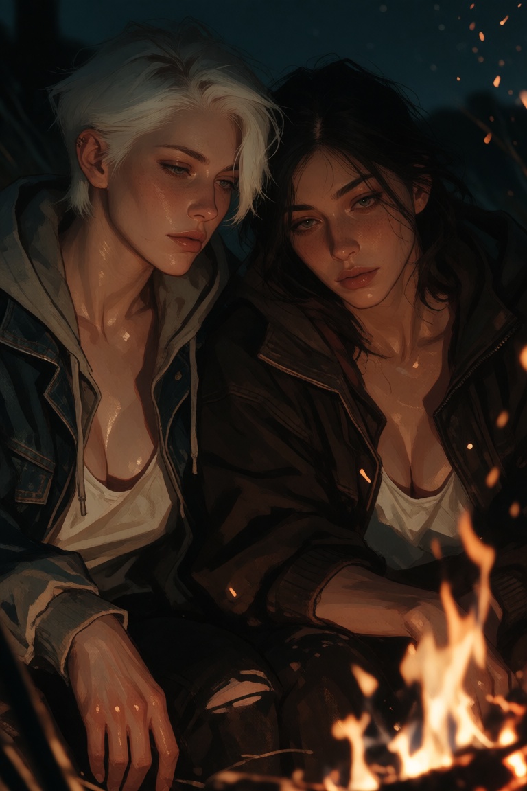 Two women resting close together beside a lit outdoor fire at night. One has short pale hair and the other has dark hair....