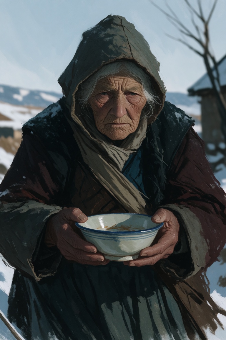 Create an image of an elderly hooded woman holding a bowl with both hands in a cold outdoor setting. Her face is deeply li...