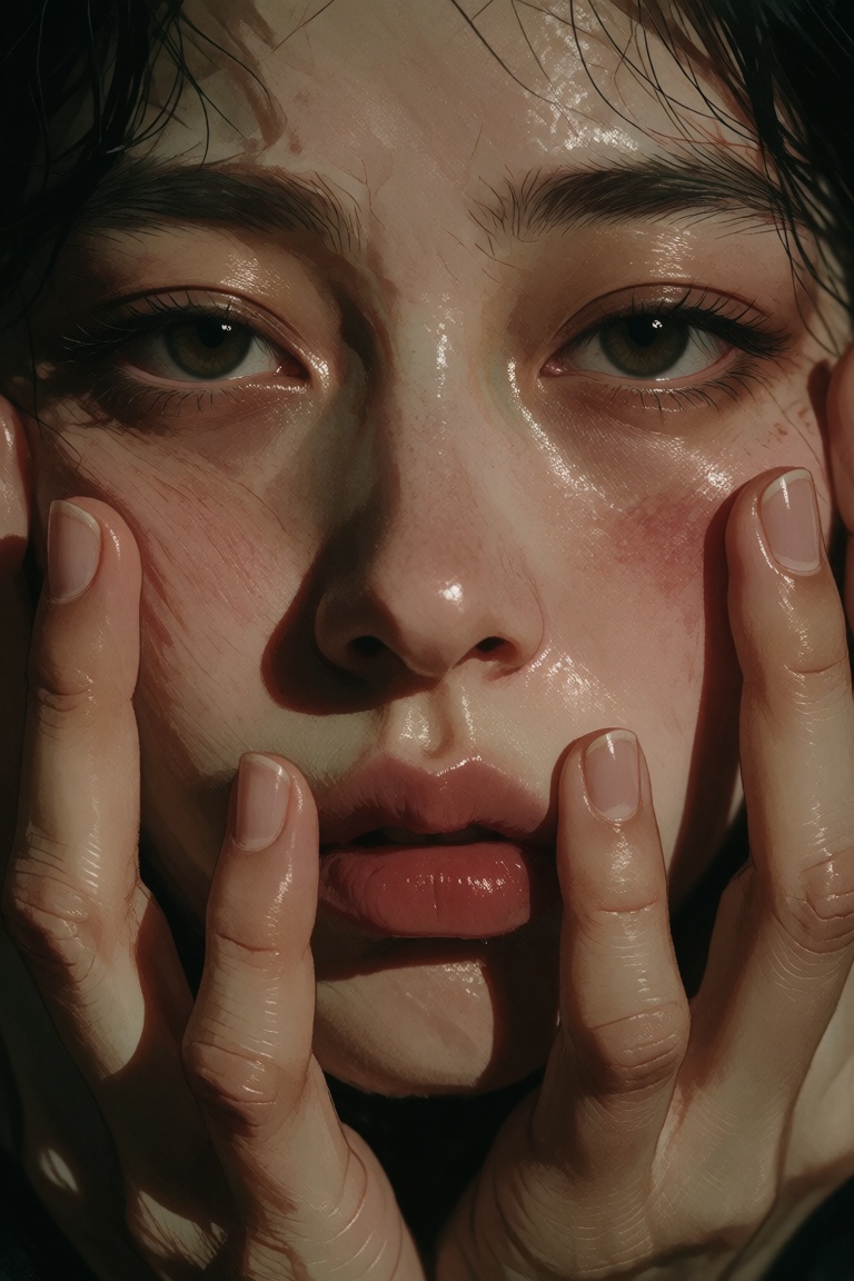 A close,  emotionally intense image of a face framed by multiple hands pressing against the cheeks and jaw. Focus on skin...