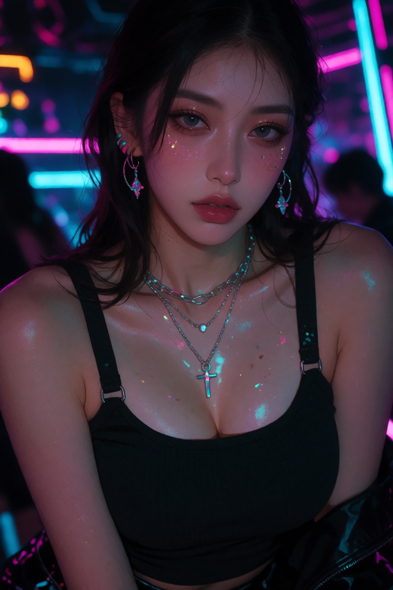 A woman under neon club lighting wears a fitted black top and layered jewelry. Her face is close to the viewer,  with visi...