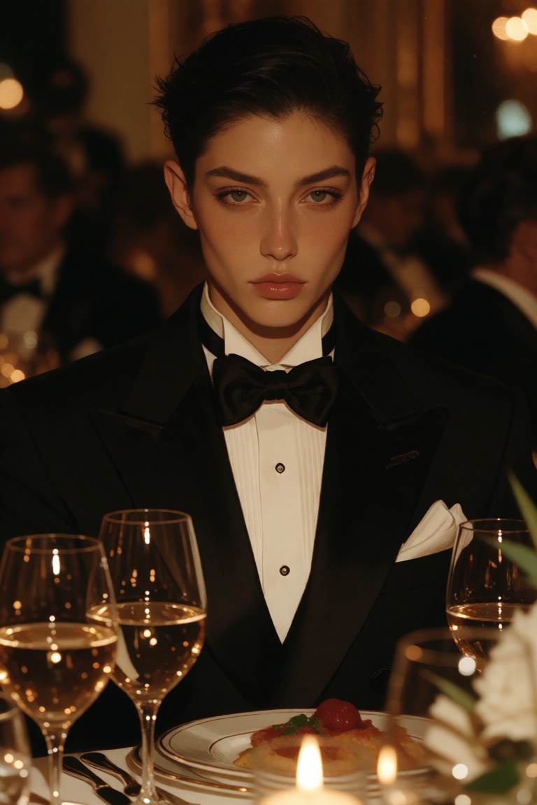A sharply dressed androgynous subject in a tuxedo sits at a banquet table,  surrounded by glasses and warm highlights. Kee...