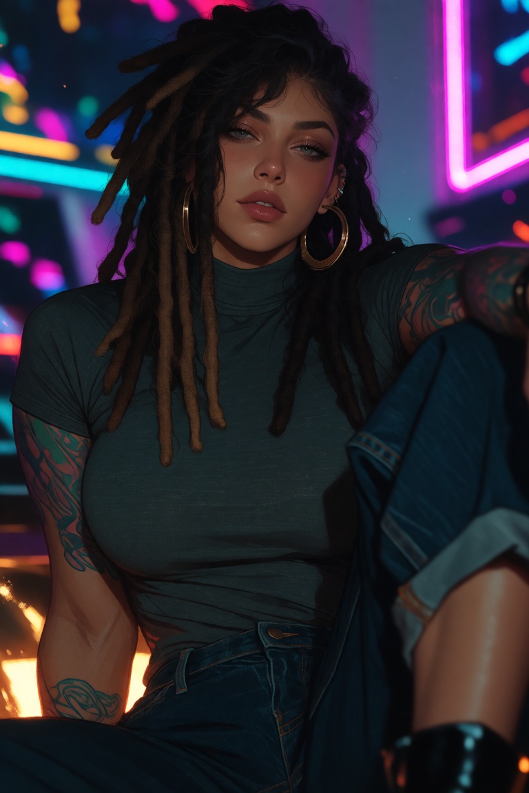 A woman with long dark dreadlocks sits in a relaxed but dominant pose,  one knee raised toward the foreground. She wears a...