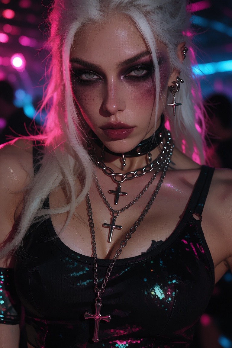 A woman with platinum hair and dark eye makeup appears under pink and blue club lighting,  wearing layered jewelry and a f...