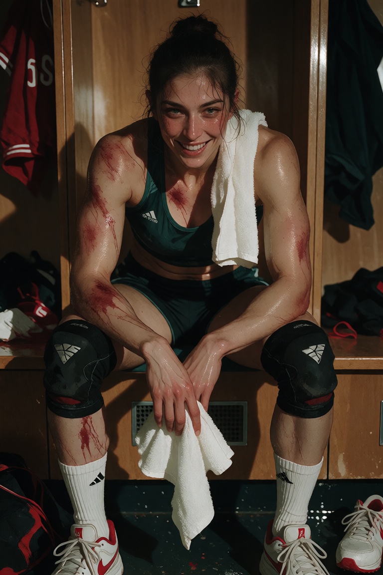 A bruised female athlete sits in a locker room after a game,  smiling through exhaustion. Sweat,  bruising on Tensor.Art