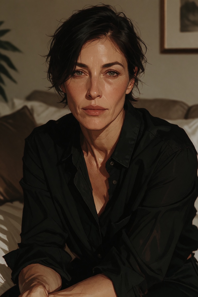 Portrait of a woman with short dark hair,  wearing a black shirt and seated indoors,  but rendered with extremely clear fa...