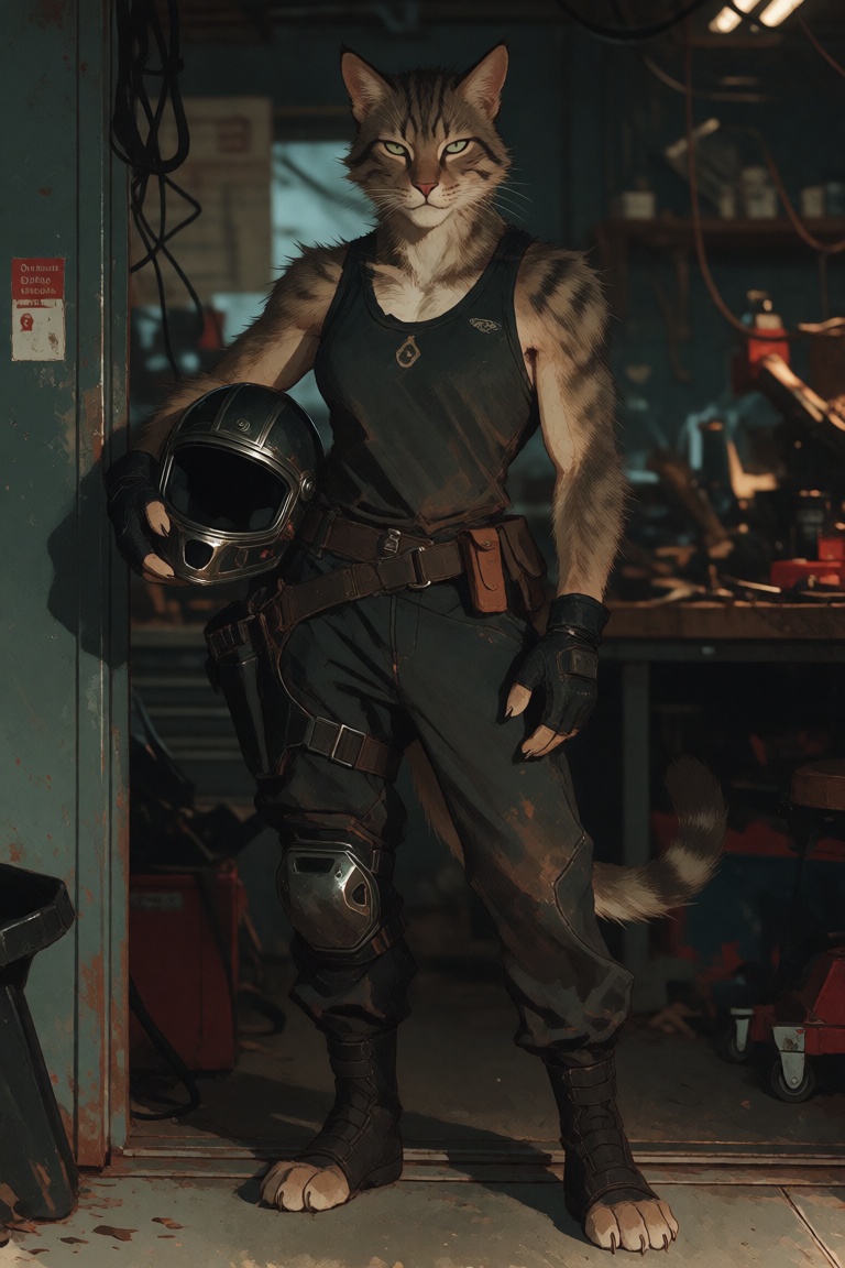 An anthropomorphic feline woman in dark sleeveless clothing stands in a workshop or garage doorway,  holding a helmet at h...