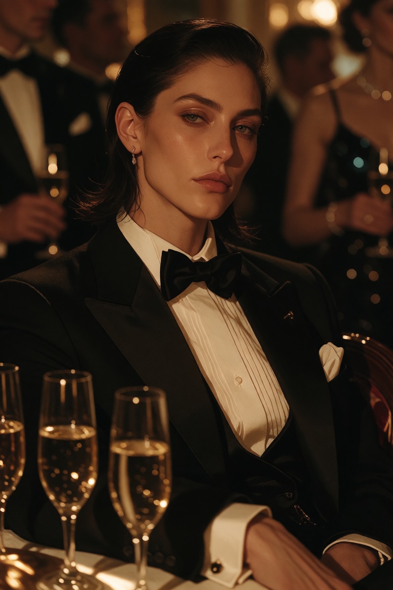 An androgynous person with slicked dark hair and a sharp jawline sits in formal eveningwear,  lit by warm event lighting....