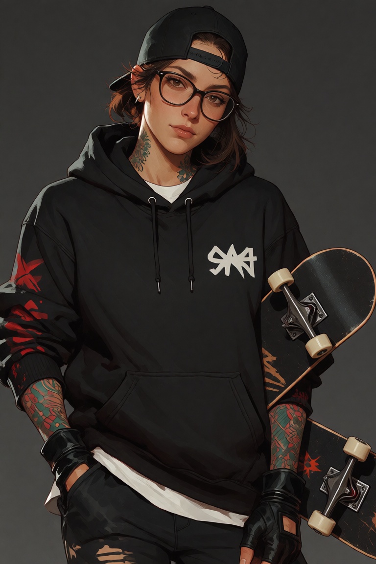 A tattooed woman in a black hoodie and fingerless gloves leans casually with a skateboard tucked under one arm. She has da...