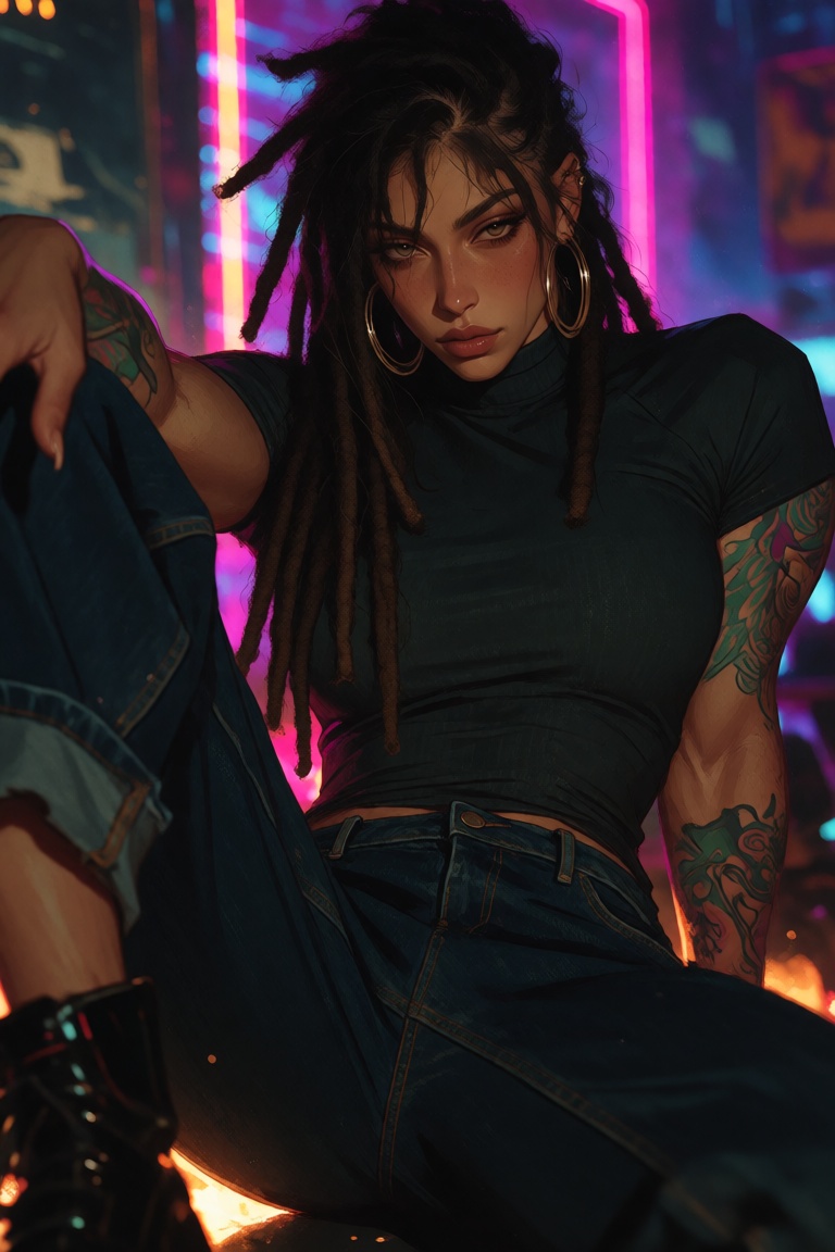 A woman with long dark dreadlocks sits in a relaxed but dominant pose,  one knee raised toward the foreground. She wears a...