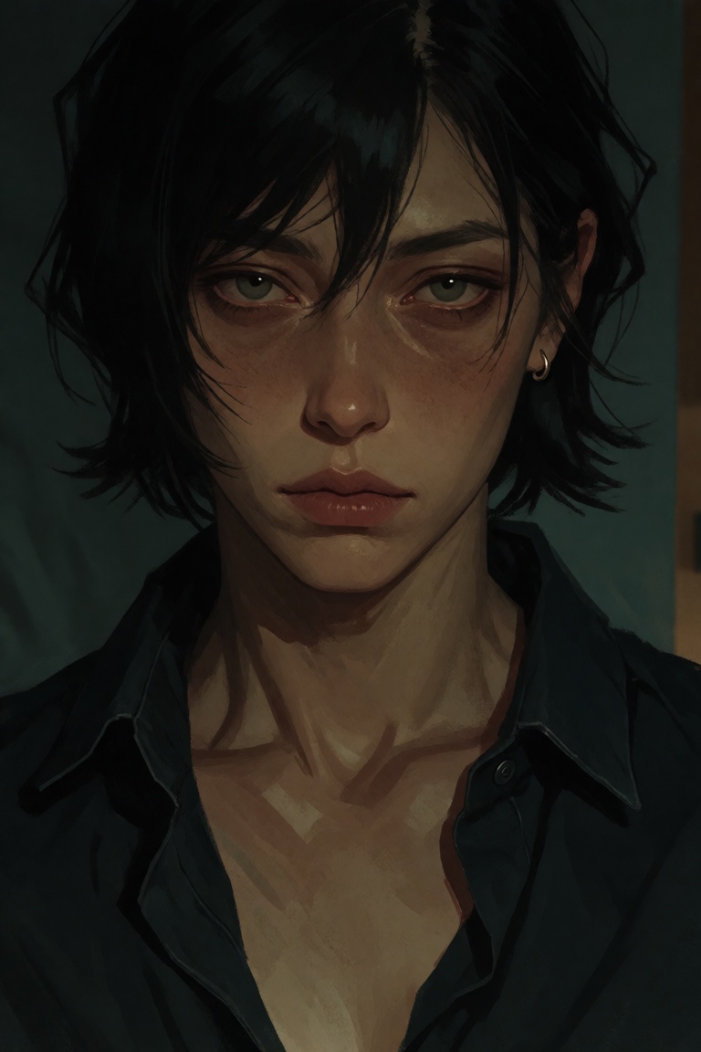 Close portrait of a woman with short black hair and tired eyes,  wearing a dark open-collar shirt and a small earring. She...