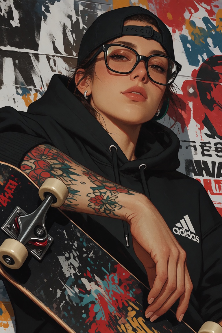 A young woman leaning against a wall covered with layered posters,  wearing a black hoodie,  large rectangular glasses on...