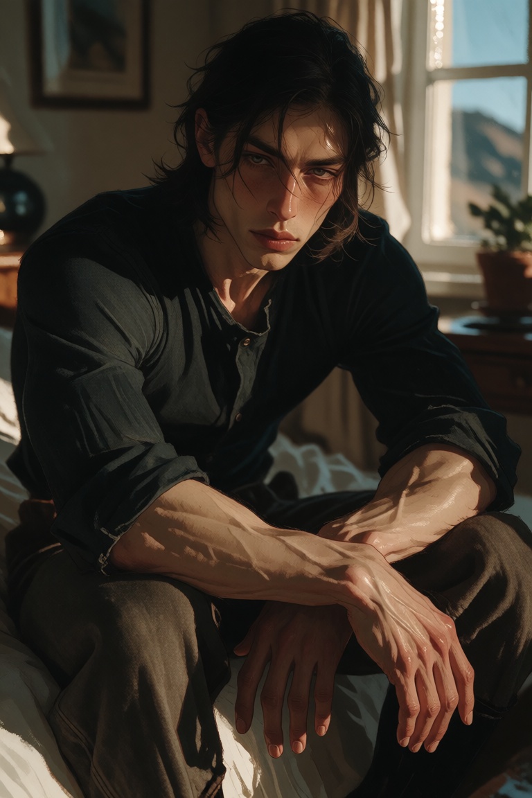 A lean young man with medium-length dark hair sits with his arms resting on his knees in a sunlit room. He wears a dark fi...