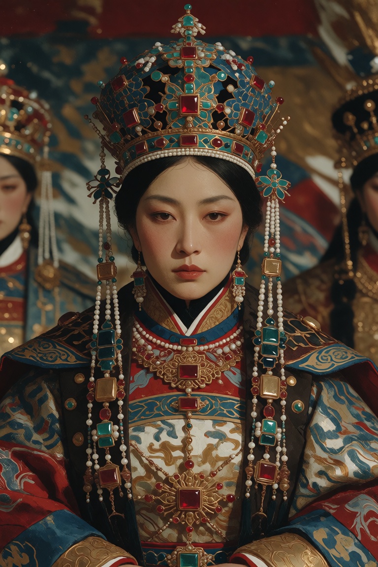 An ancient queen-like figure in richly decorated ceremonial dress and a jeweled crown,  shown frontally with symmetrical f...