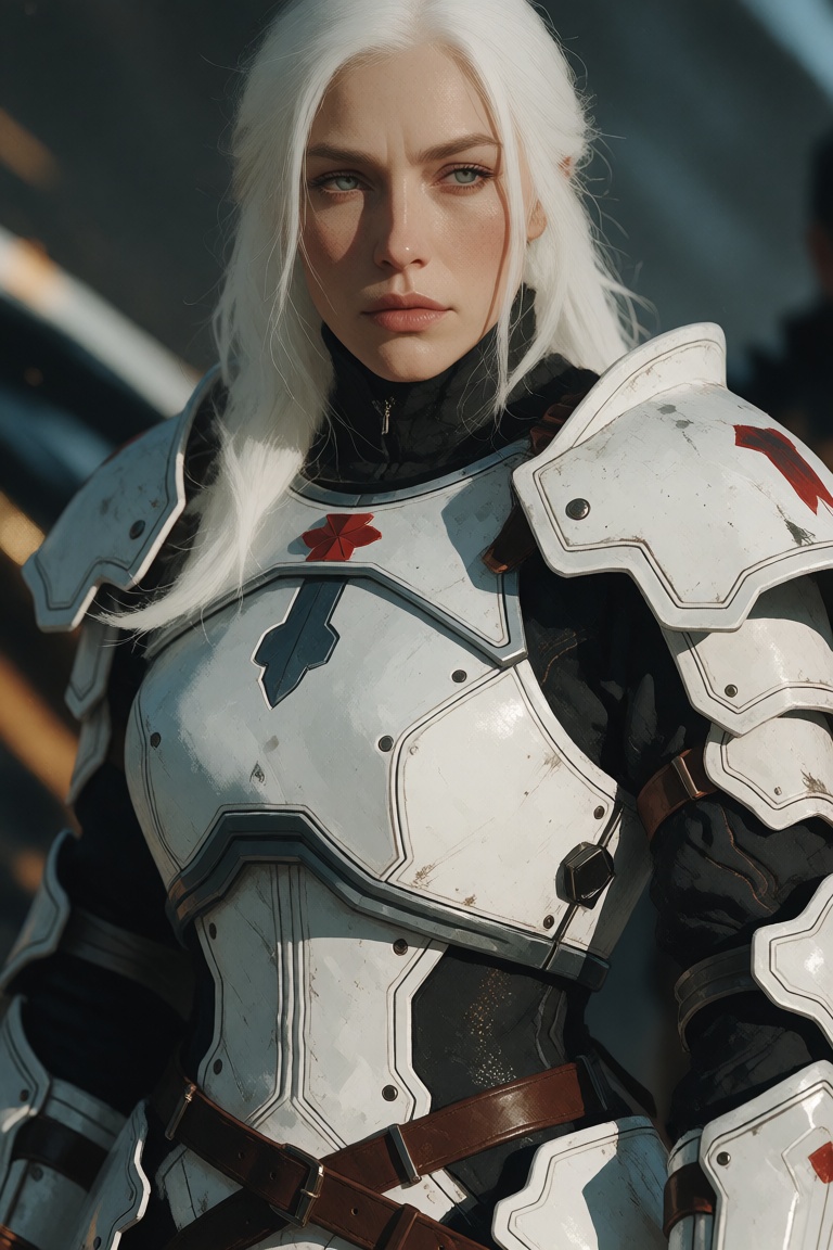 A white-haired armored woman shown from the waist up,  facing slightly off-center,  with a controlled and serious expressi...
