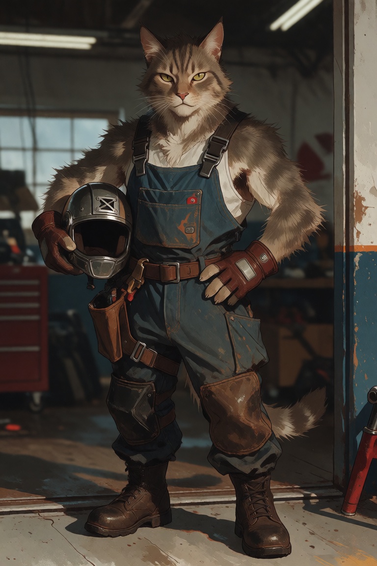 An anthropomorphic feline mechanic stands in a garage doorway holding a helmet. Distinguish clearly between fur,  leather,...